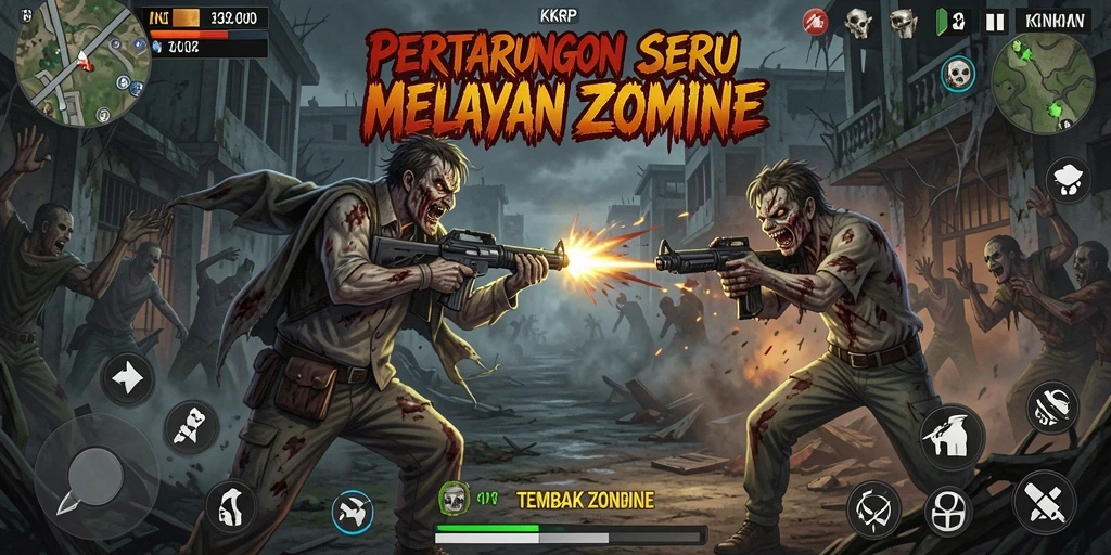 Antarmuka permainan KKRP dengan aksi tembak zombie yang mendebarkan.